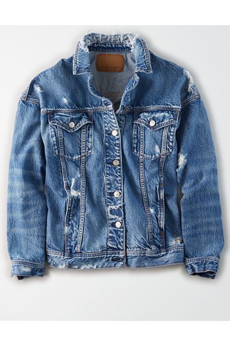 AE Denim Destroyed Boyfriend Jacket Women's Medium Wash M | American Eagle Outfitters (US & CA)