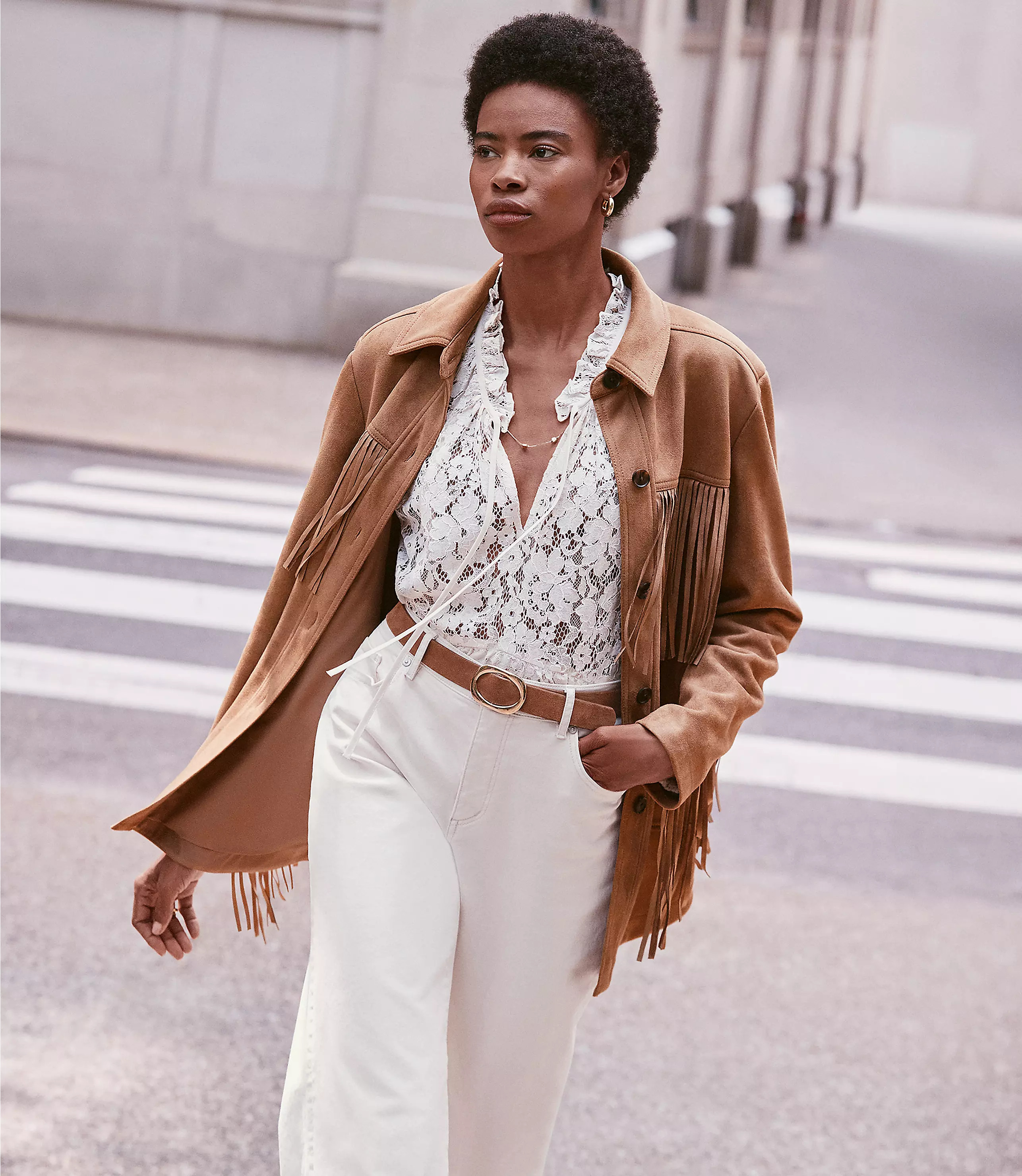 Petite Fringe Faux Suede Shirt Jacket | LOFT