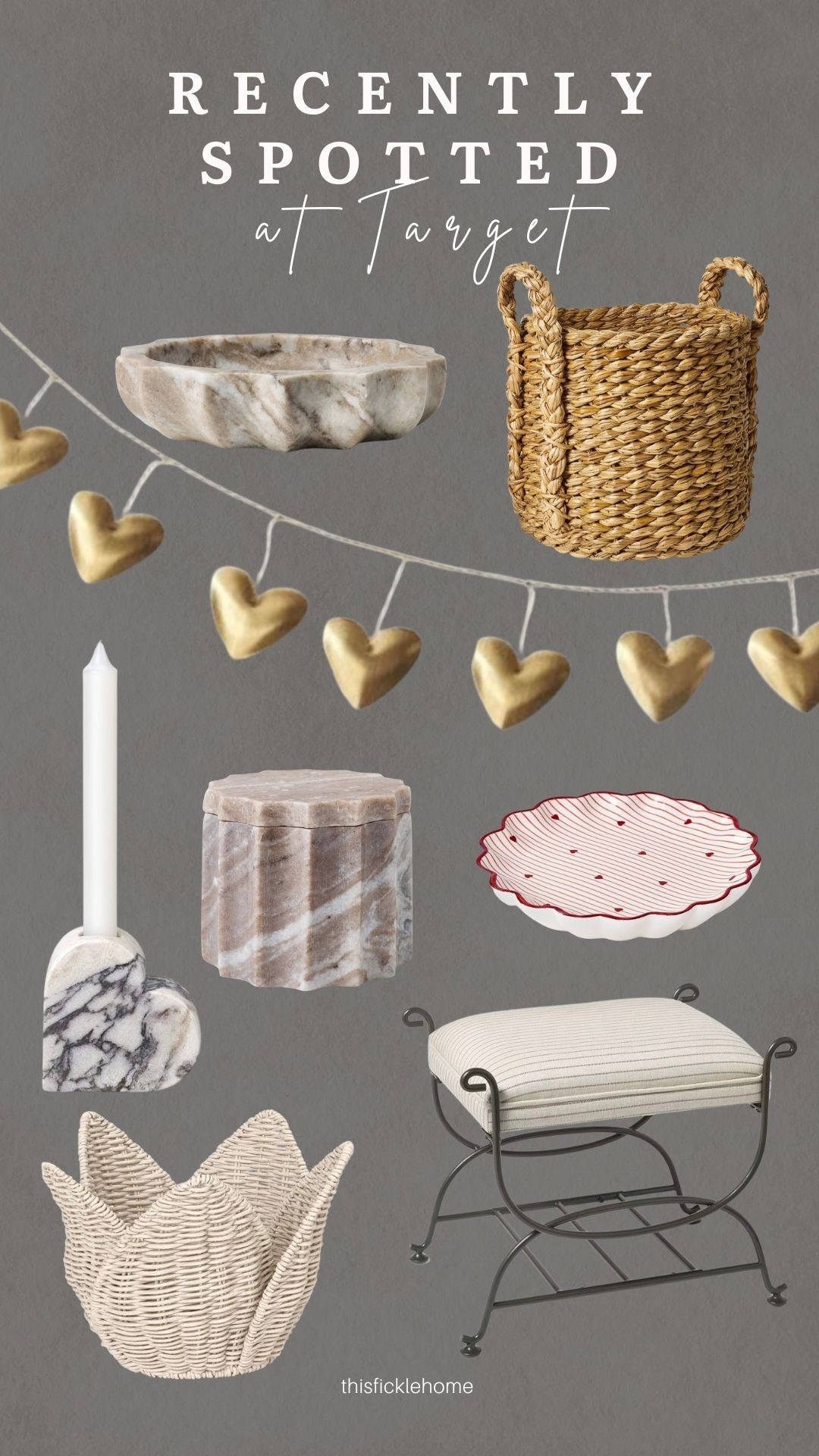 The cutest new finds at Target!

Marble catch all
Marble heart candle holder
Heart trinket dish
Metal heart garland
Chunky woven basket
Tulip shaped basket
Metal ottoman with striped cushion
Marble lidded container



#LTKSeasonal #LTKHome #LTKFindsUnder50