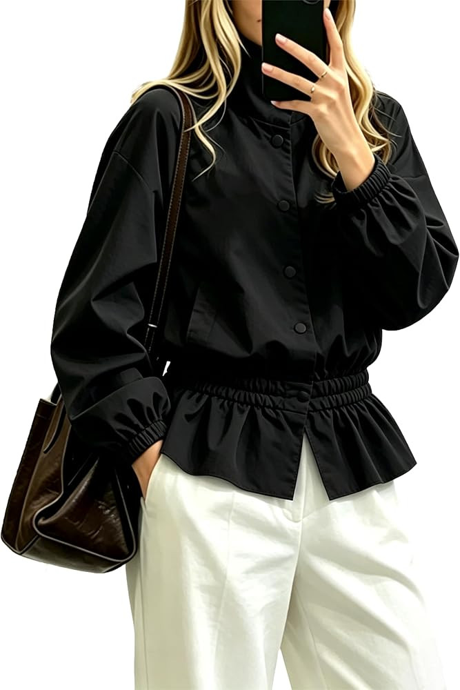 Womens Oversized Bomber Puff Jacket Stand Collar Lightweight Elastic Waist Windproof Shacket Coat | Amazon (US)