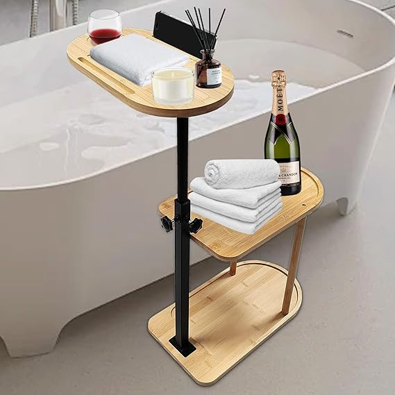 3 Layer Bath Tub Tray Table, Liftable Freestanding Bamboo Bath Tray Caddy for Tub Against Wall, B... | Amazon (US)
