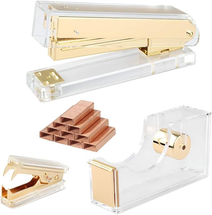 Gold Acrylic Stapler Set Desk Accessory & Decoration Kit for Gift, Clear Stapler with 1000 Pcs St... | Amazon (US)