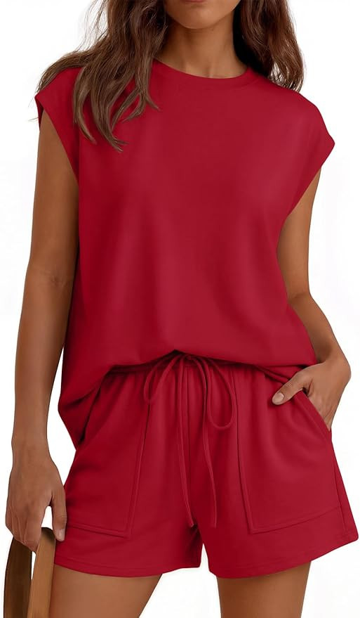 LILLUSORY Womens Crew Neck Cap Sleeve Drawstring Two Piece Summer short Sets Sweatsuit with Pocke... | Amazon (US)