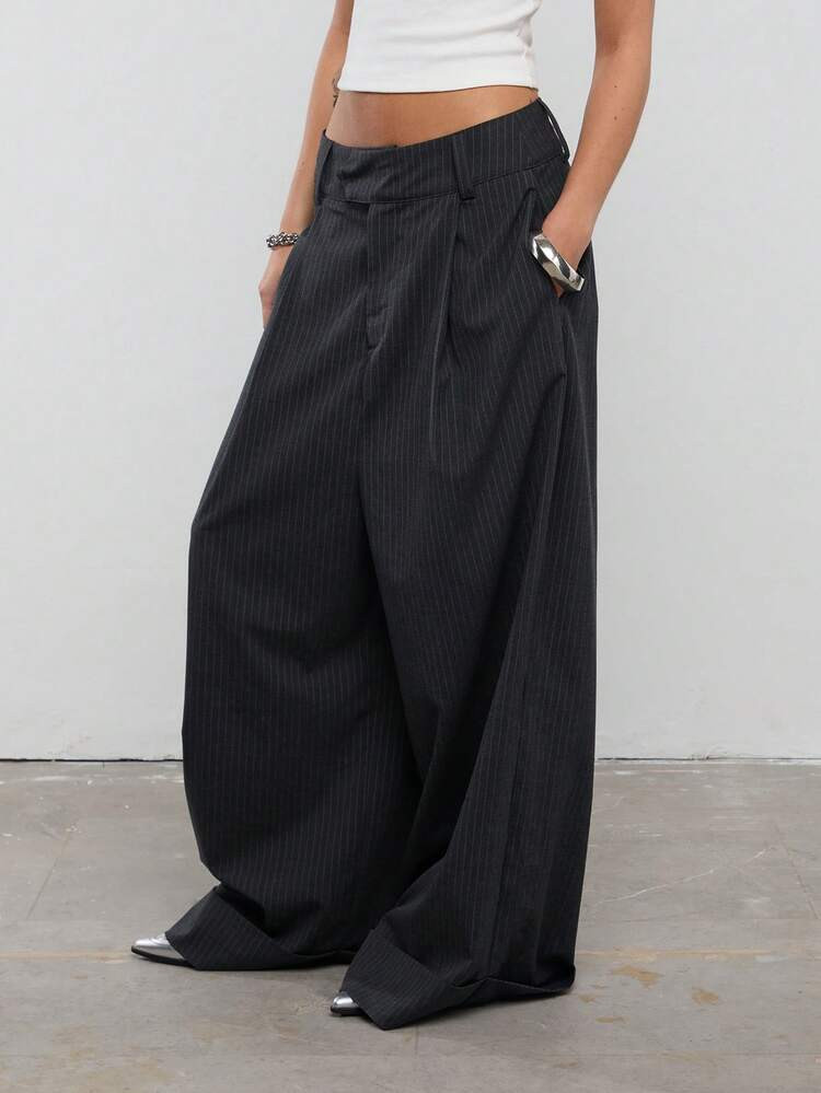 COUREZ Oversized Pinstripe Tailored Trousers With Wide Waistband/ Y2K Spring For Women Black Bottoms Oversized Trousers Going Out Party Festivals | SHEIN