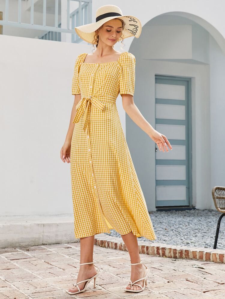 Gingham Square Neck Button Front Belted Dress | SHEIN