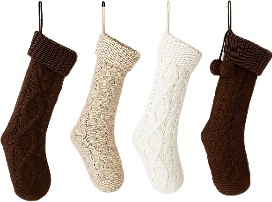 4 Pack Cable Knit Christmas Stockings 18 Inch Farmhouse Large Rustic Neutral Knitted Stockings Or... | Amazon (US)