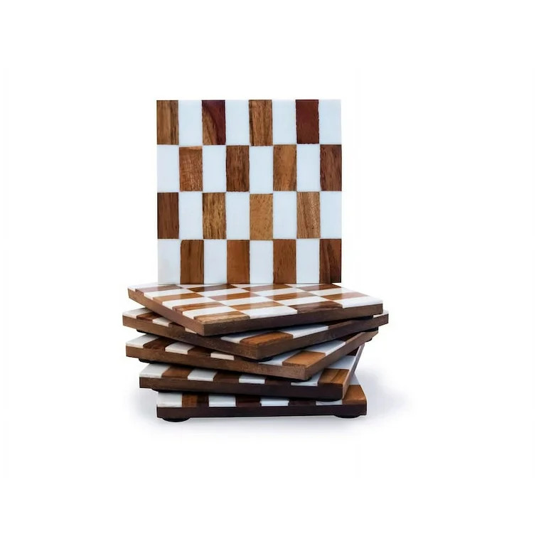 Mascot Hardware Beautiful Square Checkered Off White Resin and Brown Wooden Coaster - Set of 6 | Walmart (US)