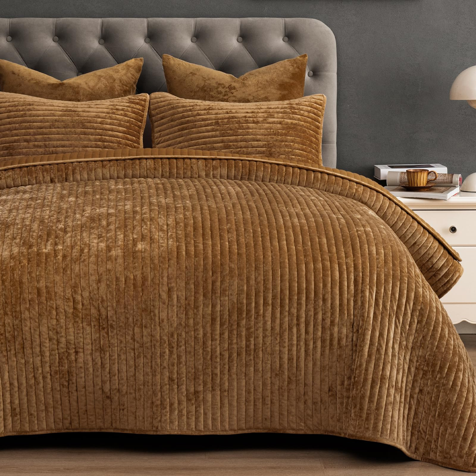 PHF Luxury Velvet Quilt Set Queen Size - 3PCS Ultra Soft with Striped Channel, Cozy Quilted Bedsp... | Amazon (US)