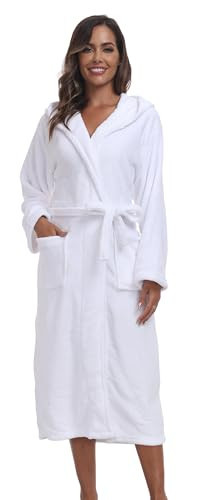 Womens Hooded Plush Bathrobe Warm Fleece Soft Long Robe Fuzzy Full Length Gown Shower Spa House Kimono for Women White | Amazon (US)