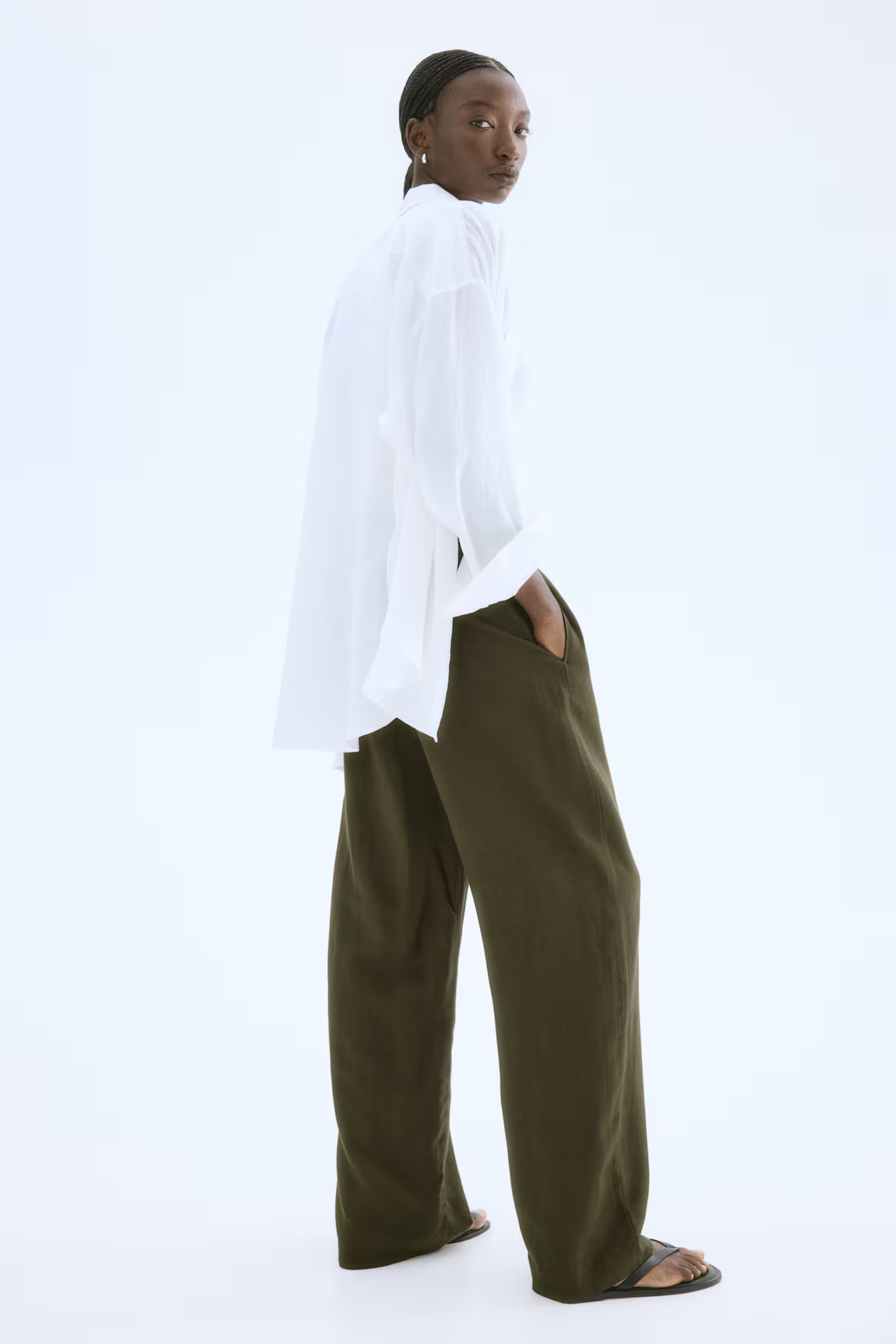 Linen Blend Pants - Dark khaki green - Ladies | H&M AU | H&M (AU)