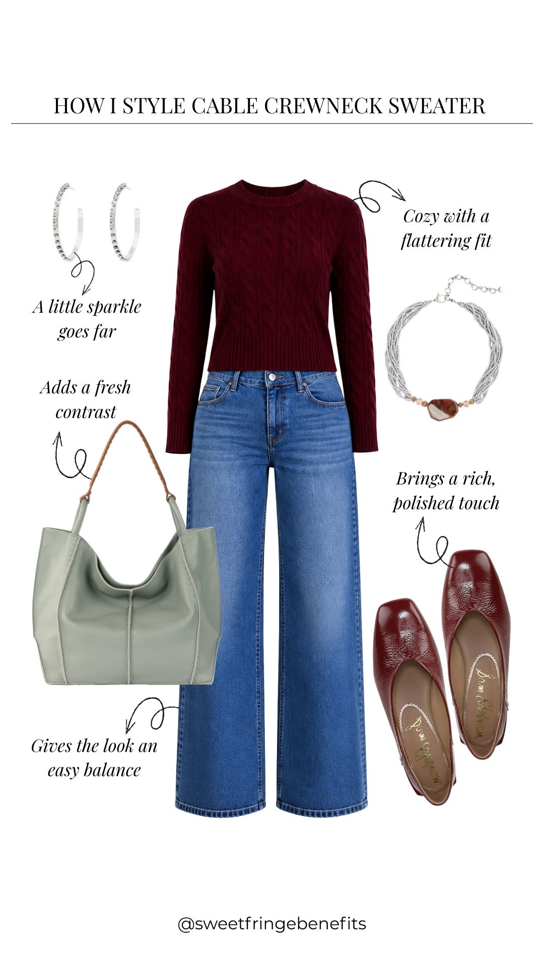 This is such an easy fall combination, and that deep burgundy sweater is so good with denim. Add a little jewelry, a great flat, and you’re out the door.

#LTKWorkwear #LTKTravel #LTKOver40