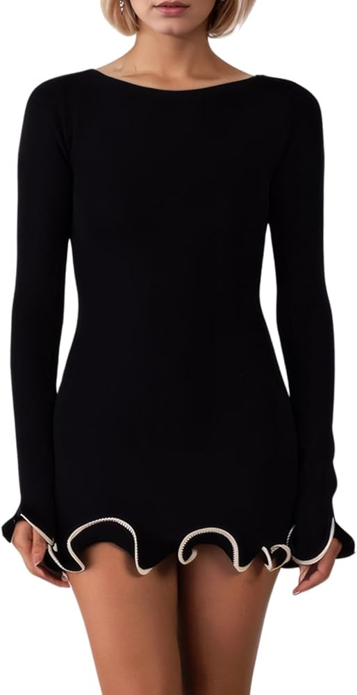 Women Elegant Ruffle Hem Knit Mini Dress Long Sleeve Contrast Color Patchwork Bodycon Short Sweat... | Amazon (US)