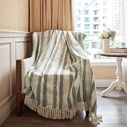 MOTINI 100% Cotton Decorative Throw Blanket Tassel Green and Beige Striped Throw Knitted Blanket ... | Amazon (US)
