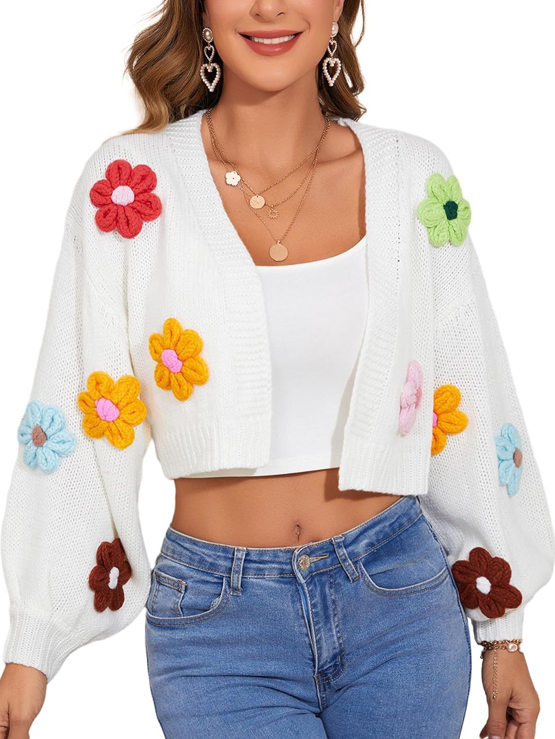MakeMeChic Women's Floral Applique Lantern Sleeve Open Front Cropped Cardigan Sweater | Amazon (US)