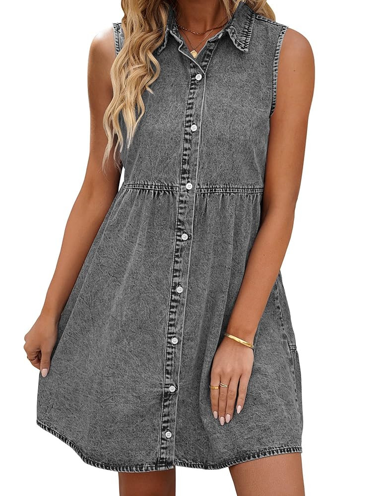 LookbookStore Denim Dress for Women Sleeveless Babydoll Button Down Short Jean Dresses Cute Summe... | Amazon (US)