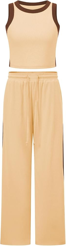 FUPHINE Women's 2 Piece Sets Summer Outfits Ribbed Knit Tank Tops & Wide Leg Pants Color Block Lo... | Amazon (US)