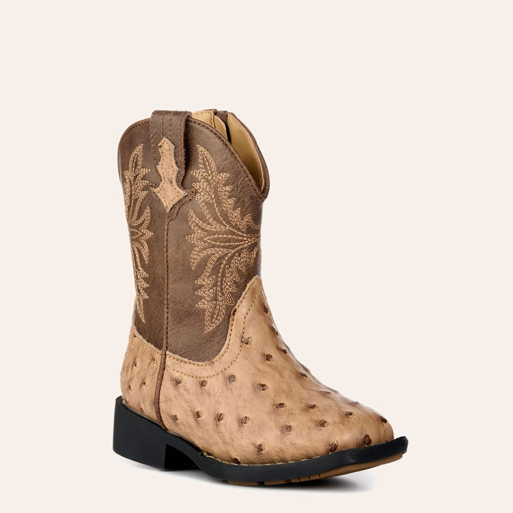 Roper Toddler's Jed Brown and Tan Ostrich Print Faux Leather Square Toe Boots | Cavender's
