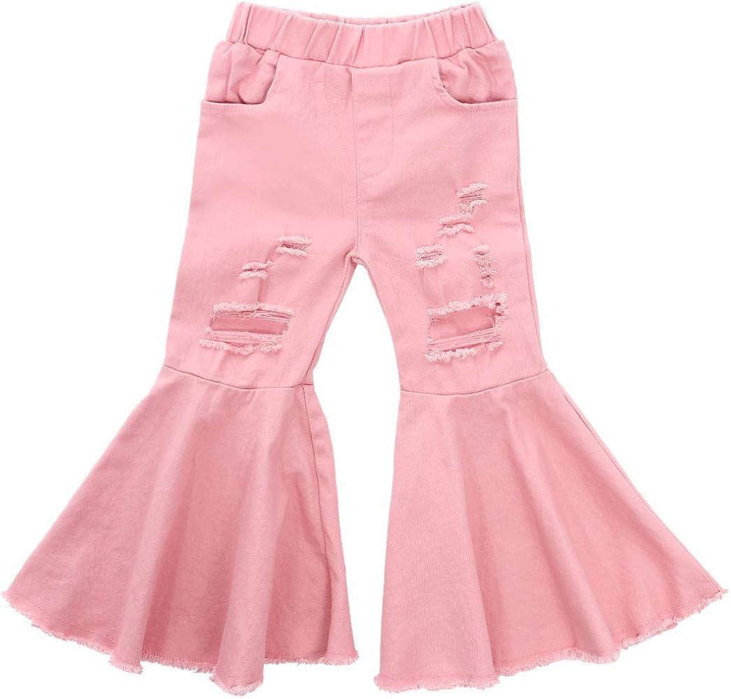 FIOMVA Toddler Baby Girls Flare Pants Solid Denim Ripped Jeans Ruffle Wide Leg Legging Trousers H... | Amazon (US)