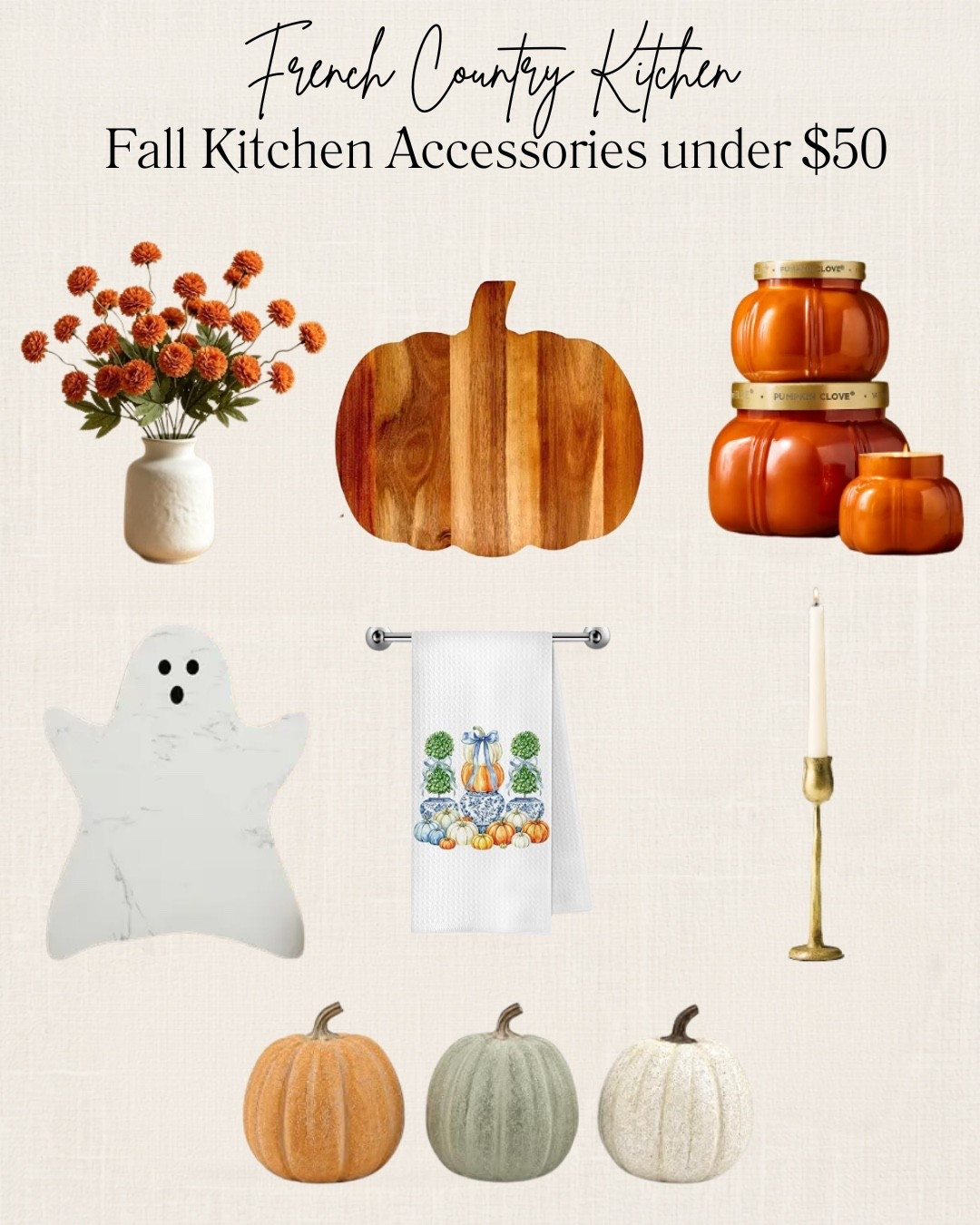 🍂 Bringing a little French country charm into the kitchen for fall! These cozy kitchen accessories add just the right touch of autumn without going overboard—and everything is under $50. 🎃🤎

Think warm wood, pumpkins, pretty florals, vintage-inspired details, and a little Halloween whimsy. Perfect for creating that cozy fall kitchen you’ll actually want to spend time in.

#FrenchCountryStyle #FrenchCountryKitchen #FallDecor #FallKitchenDecor #KitchenDecor #AmazonFinds #FallHomeDecor #CozyHome #FrenchCountryHome #HalloweenDecor #LTKHome