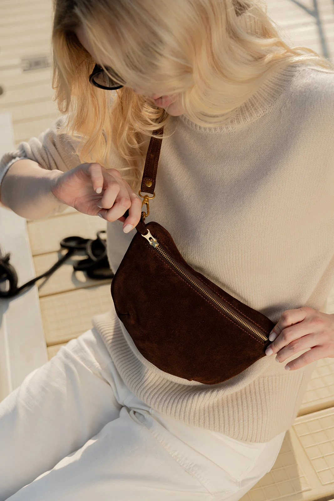 Sling Bag, Chocolate Suede | Abby Alley