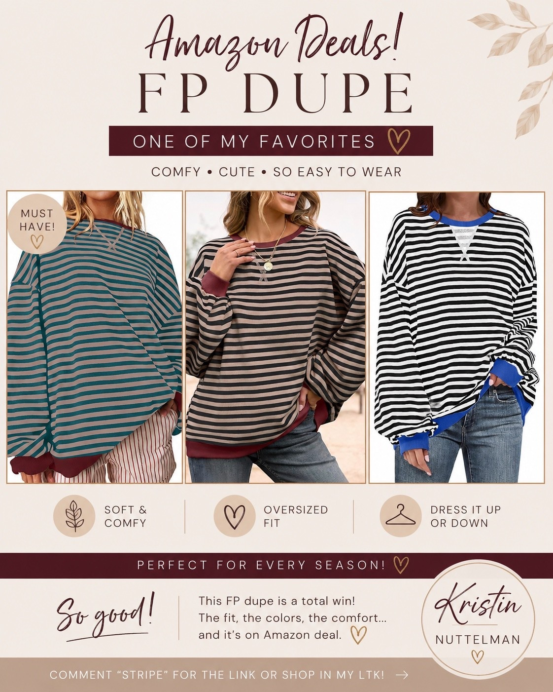 One of my favorite FP dupes is on Amazon deal! 🤎 The oversized fit is so comfy, and it comes in SO many color options. It’s one of those tops you’ll reach for over and over.

Comment STRIPE and I’ll send you the link, or shop it now in my LTK before the deal ends!

#LTKSaleAlert #LTKootd #LTKmomlife