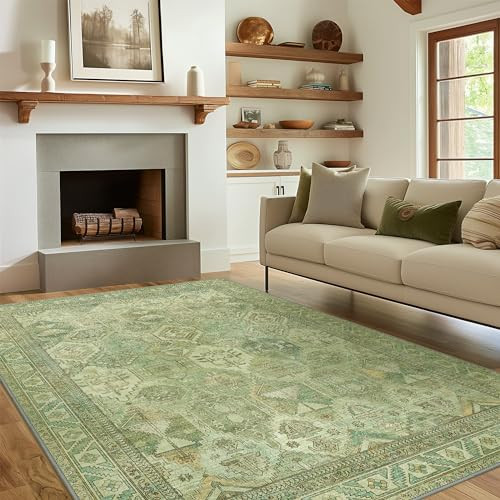 Bavni Area Rug 3x5 Washable Rug for Living Room Bedroom Dining, Washable Vintage Distressed Print Carpet, Ultra-Thin Chenille Low Pile Lightweight Rug with Non Slip Backing, Light Green | Amazon (CA)