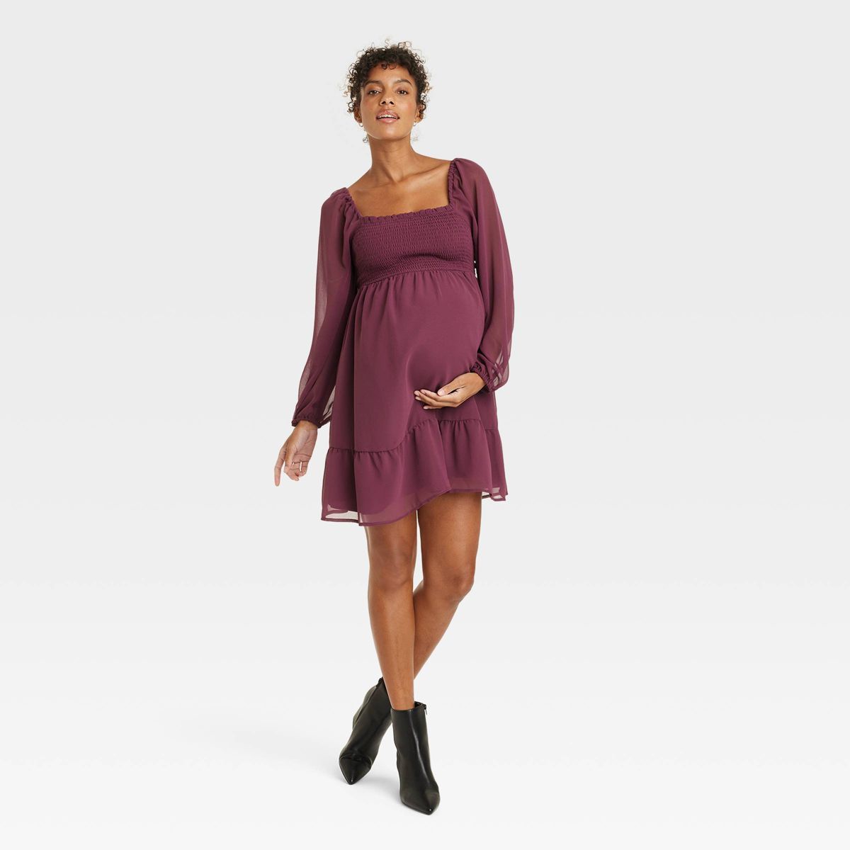 Long Sleeve Smocked Chiffon Mini Maternity Empire Waist Dress - Isabel Maternity by Ingrid & Isab... | Target