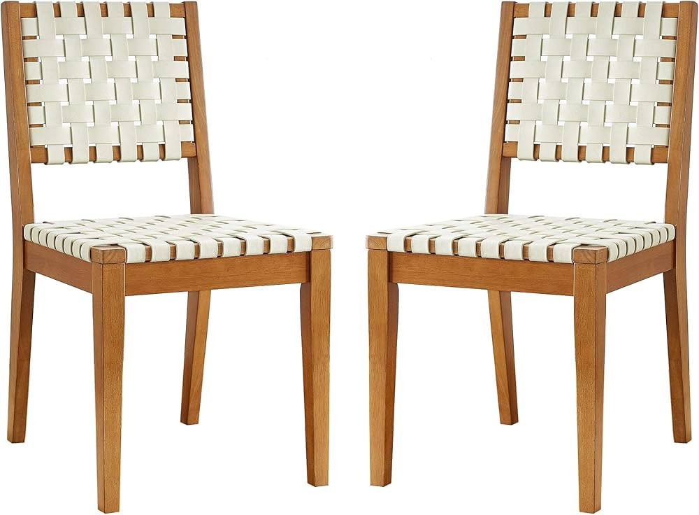 Amazon Brand – Rivet Faux Leather Woven Dining Chair with Wood Frame, Set of 2, 18"W, Light Bei... | Amazon (US)