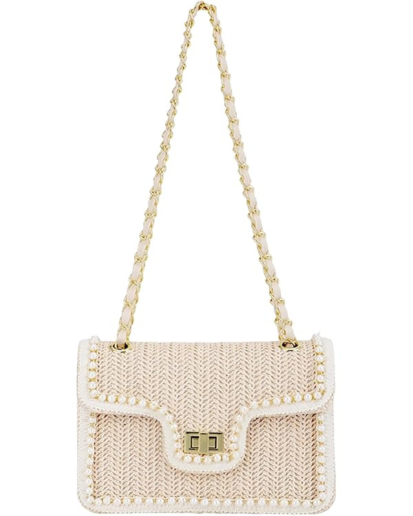 Fecialy Straw Crossbody Bags for Women Summer Straw Beach with Pearls Raffia Shoulder Handbags | Amazon (US)