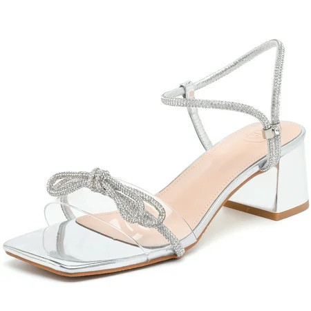 DADAWEN Women s Open Toe Chunky Heel Sandals Clear Strappy Rhinestone Shiny Bow Silver 6.5US | Walmart (US)