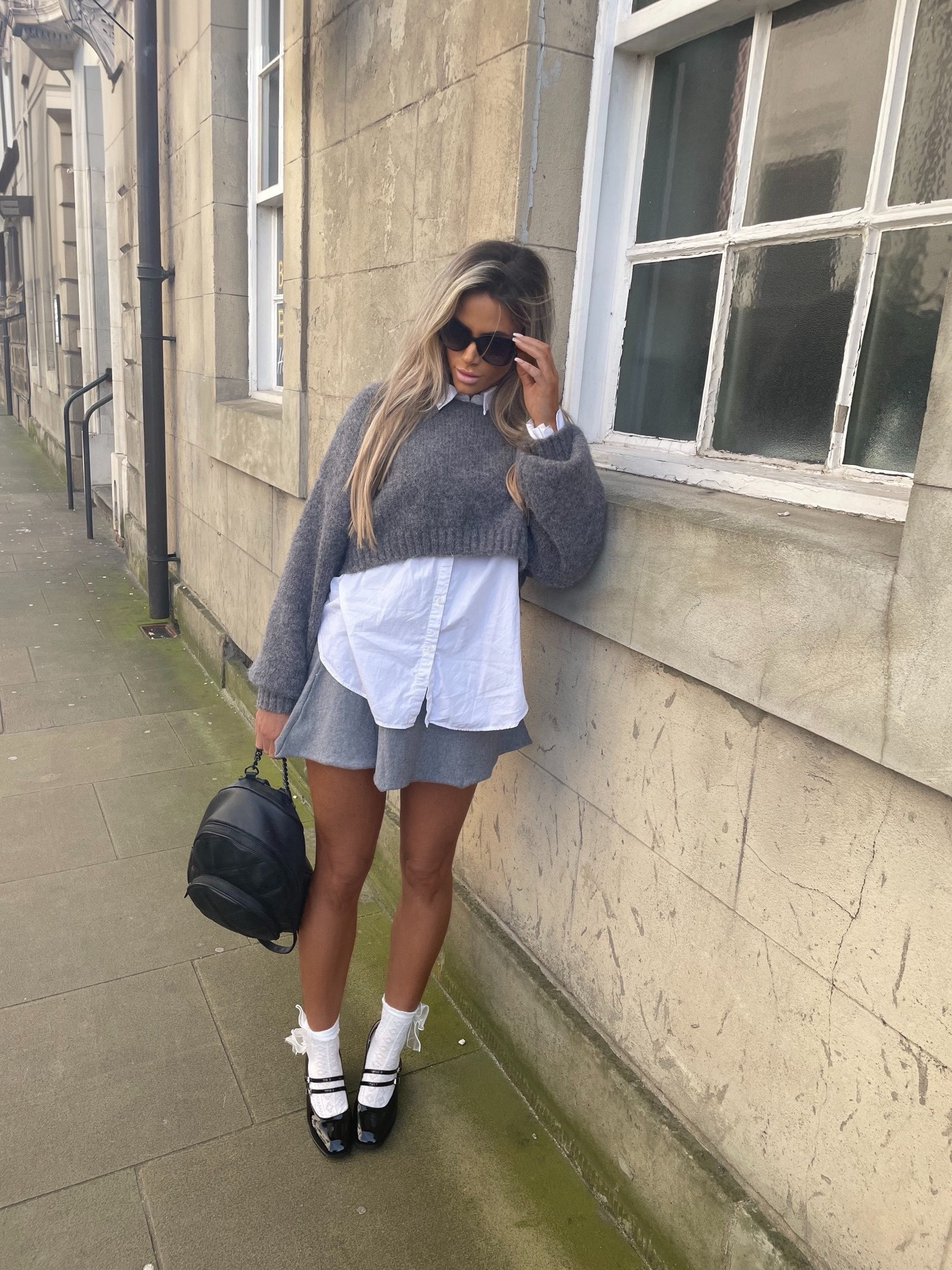 Preppy fashion I love this outfit 🩶 Grey Cropped fluffy knit jumper, Grey flare hem knit skirt, white shirt, white socks with a cute bow, Elegant Mary Jane Pumps Buckle Decor Chunky Heeled shoes. 

#LTKshoecrush #LTKworkwear #LTKfindsunder50