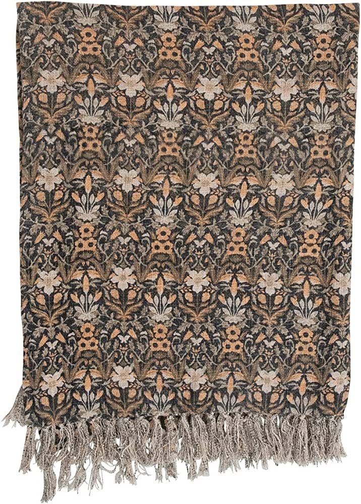 Creative Co-Op Cotton Slub Floral Pattern and Fringe Blanket Throw, Single, Black/Orange Twin | Amazon (US)