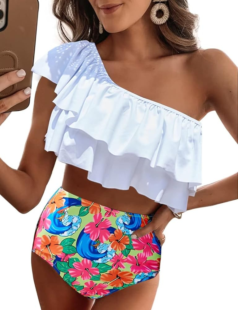 VIMPUNEC Ruffle One Shoulder Swimsuits for Women Cute High Waisted Two Piece Bathing Suits | Amazon (US)