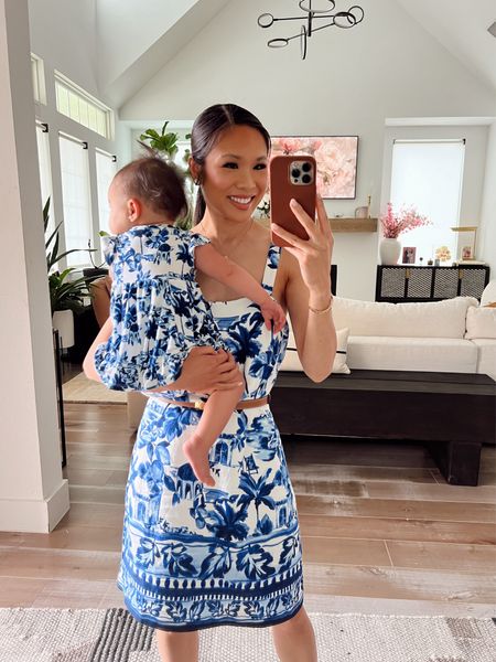 Matching mommy and me outfits with blue print dress and romper. I’m wearing size 00 and it runs larger but is on sale for 40% off! Baby girl is wearing size 12-24 months. Love this for summer outfits, vacations and more!

#LTKSaleAlert #LTKStyleTip #LTKBaby