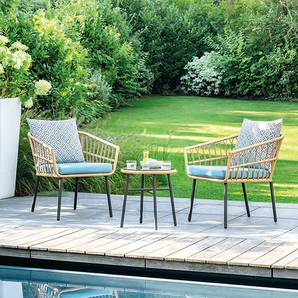 3 Pieces Patio Wicker Conversation Chair Set, Outdoor Furniture Seating with Table & Cushions for... | Walmart (US)