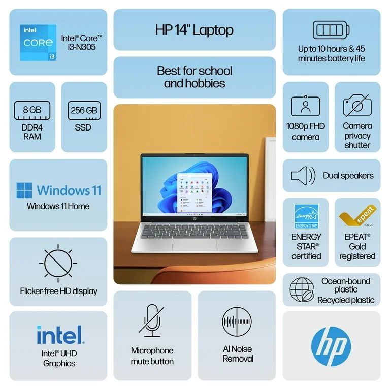 HP 14 inch Laptop Intel Core i3-N305 8GB RAM 256GB SSD Moonlight Blue | Walmart (US)