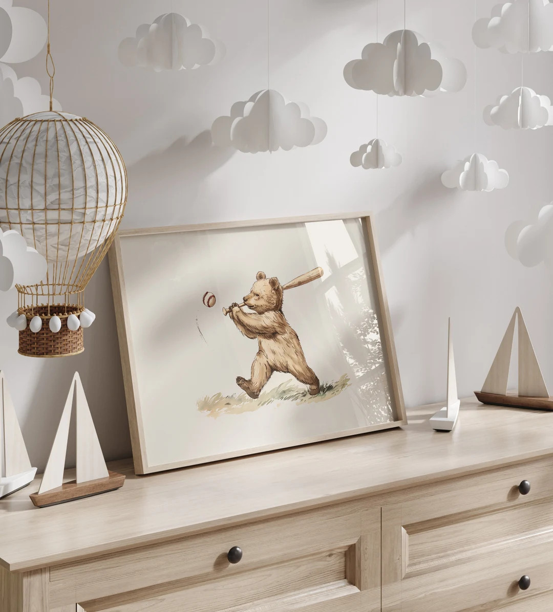 Bear Baseball Print | Vintage Nursery PRINTABLE Wall Art | Antique Sports Nursery Decor | Neutral... | Etsy (US)