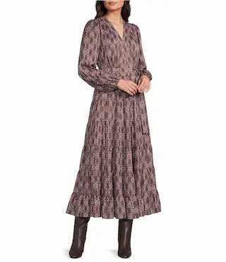 Gibson  Latimer V-Neck Long Bell Sleeve Dress -  L | Dillard's