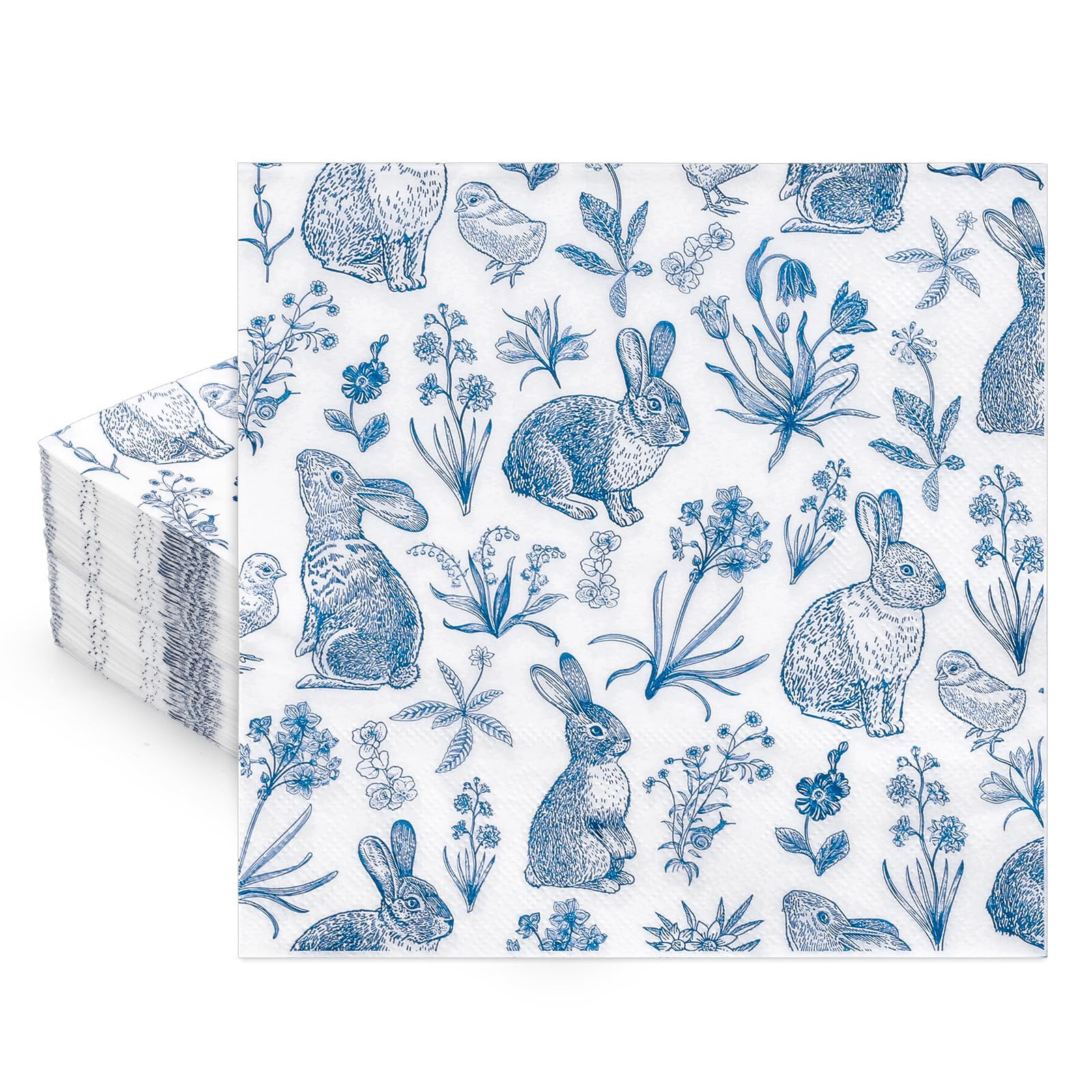 Whaline 50 Pcs Blue White Easter Paper Napkins Retro Bunny Rabbit Flower Disposable Napkin Chinoi... | Amazon (US)