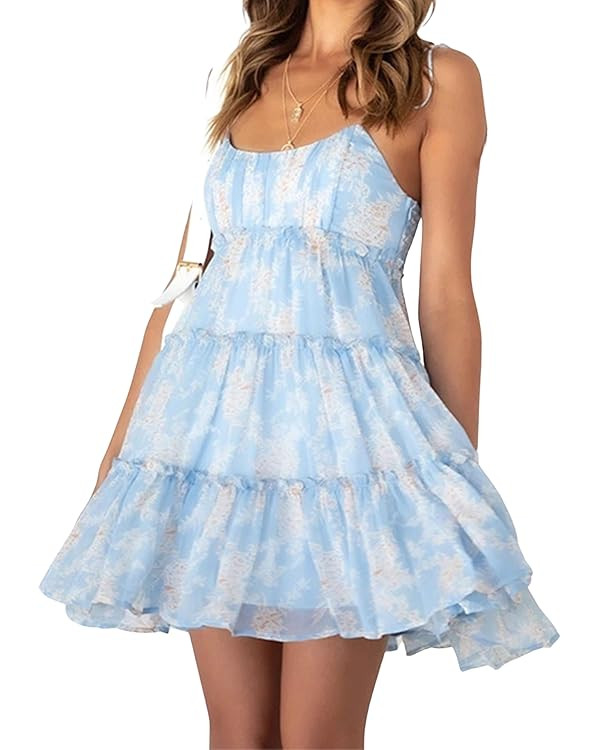 Mansy Womens 2024 Summer Floral Mini Dress Boho Flowy Skater Dresses Short Sleeveless Ruffle Spag... | Amazon (US)