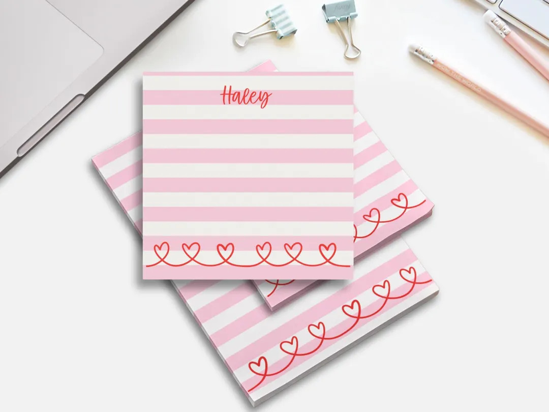 Pink Stripe Doodle Red Hearts Sticky Notes Office Post-it® Notes Personalized Valentine's Day Te... | Etsy (US)