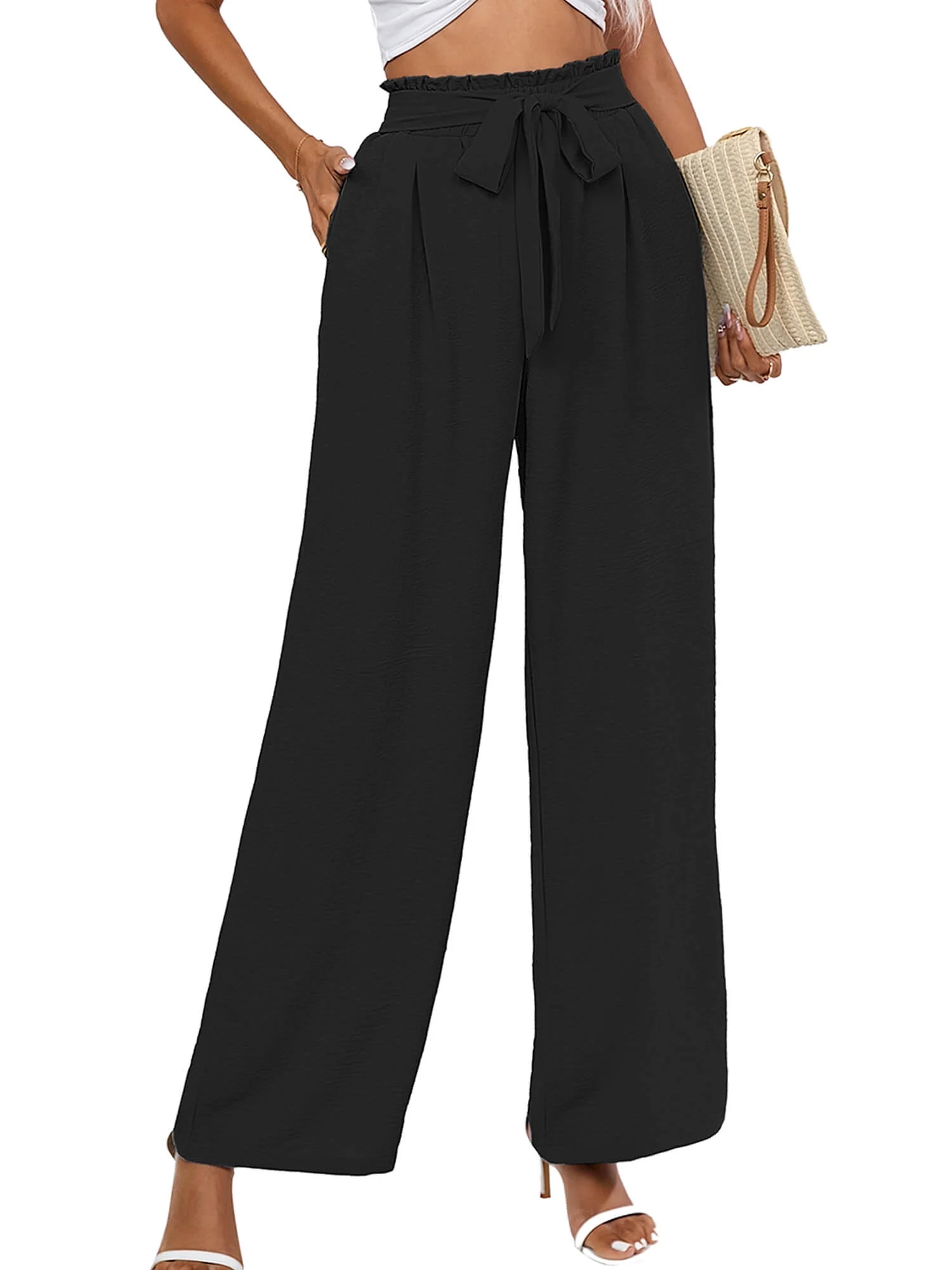 Chiclily Women's Wide Leg Pants with Pockets Lightweight High Waisted Adjustable Tie Knot Loose T... | Walmart (US)