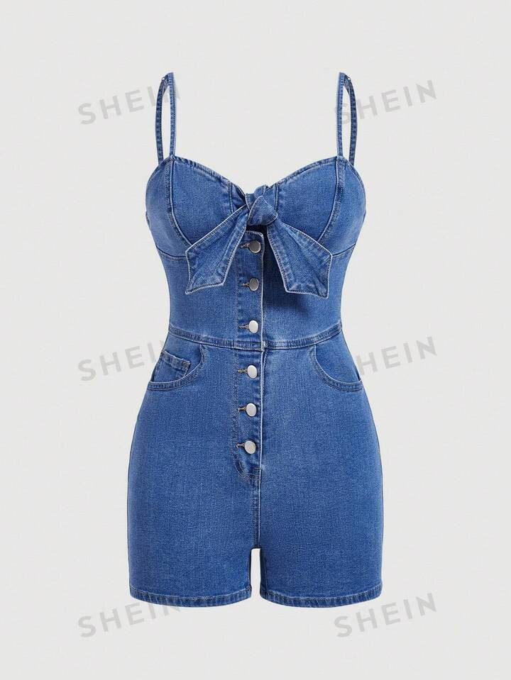 SHEIN MOD Women's Summer Casual Slim Fit Denim Jumpsuit With Straps | SHEIN