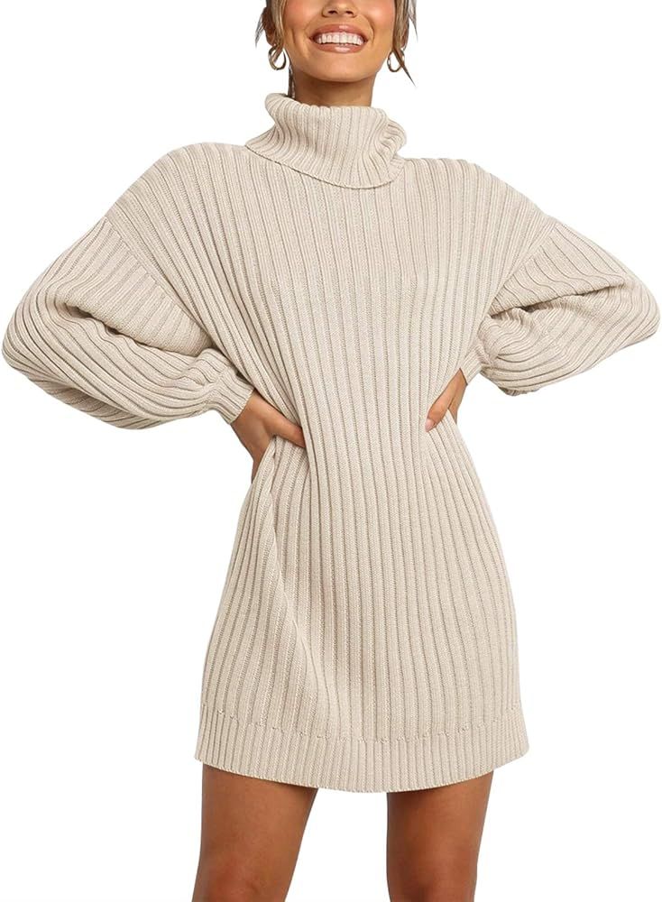 YIBOCK Women Turtleneck Sweater Dress Long Lantern Sleeve Casual Loose Oversized Winter Knit Pull... | Amazon (US)