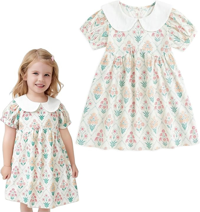 Curipeer Little Girls Summer Dress Floral Short Sleeve Cotton Casual Outfit Dress 12M-8Y | Amazon (US)