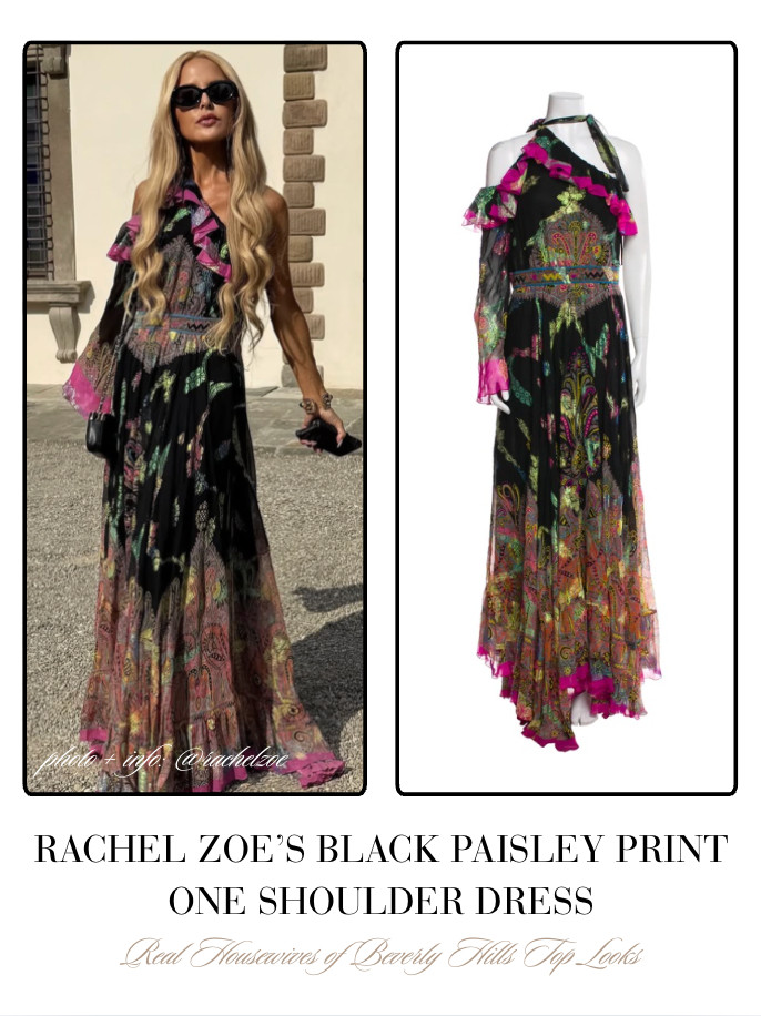 Rachel Zoe's Black Paisley Print One Shoulder Dress 📸 + Info= @rachelzoe 

 