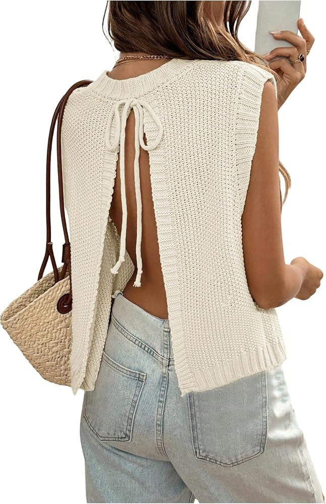 GORGLITTER Women's Backless Sweater Tank Tops Crochet Sleeveless Bow Pullover Cropped Knit Vest T... | Amazon (US)