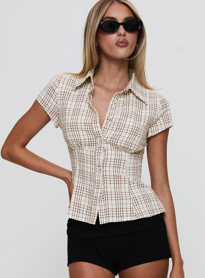 Cottesloe Blouse Top Brown Check | Princess Polly US