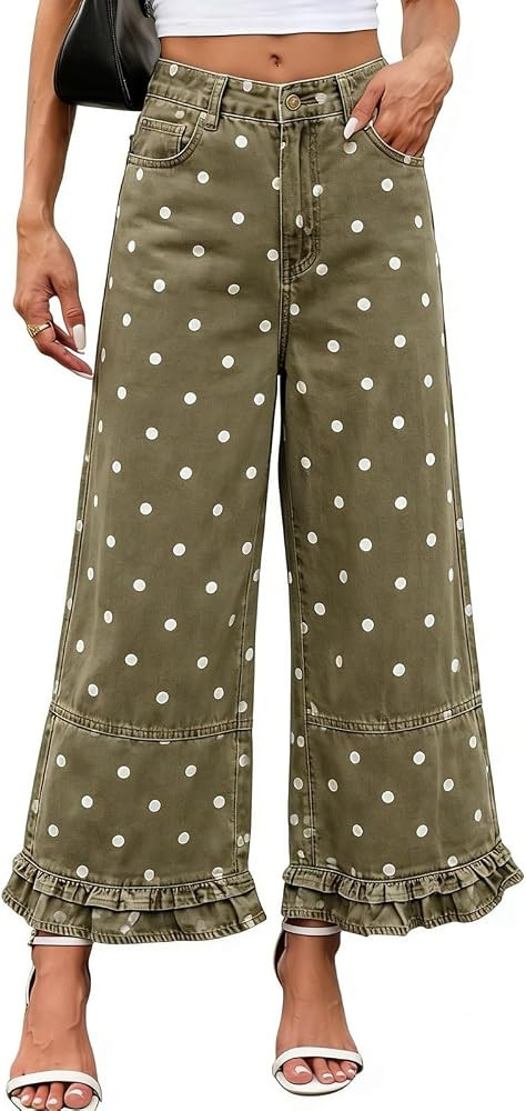 CHARTOU Ruffle Hem Bell Bottom Jeans for Women Polka Dot Ankle Baggy Jeans Crop Denim Wide Leg Pa... | Amazon (US)