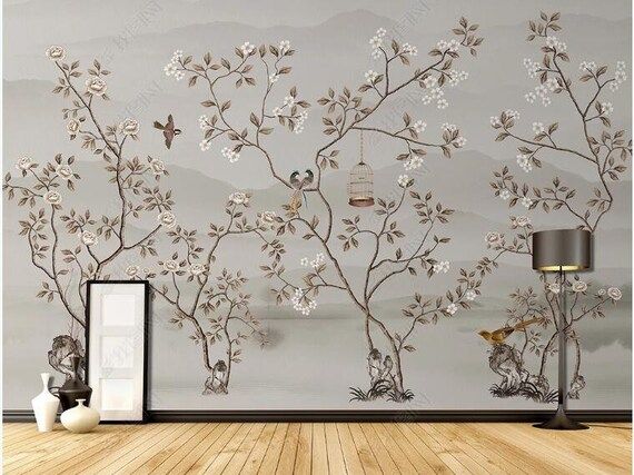 Fine Brushwork Peony Blossom Vine Wallpaper Wall Mural, Grey Background Peony Vine Wall Mural Wal... | Etsy (US)